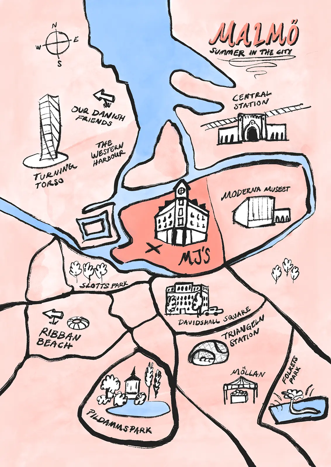 Illustrated map of Malmö featuring MJ’S Hotel and selected summer tips, attractions, restaurants, shopping and parks.